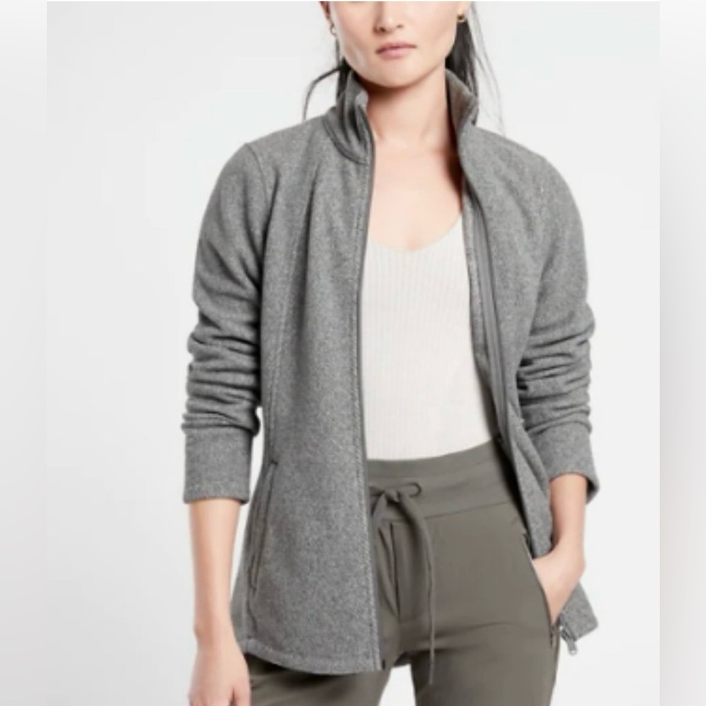 NWT Athleta Stroll Fleece Full-Zip, XL, Gray Herringbone